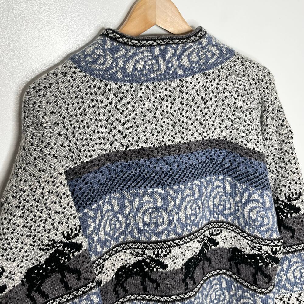Vintage Levandi Quarter Zip Wool Sweater Mens Medium Blue Moose Fair Isle Cabin - Picture 8 of 10